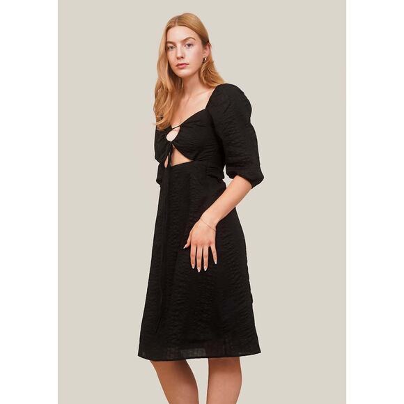 NWOT WRAY NYC Jules Midi Dress Black Cutout Cinch Tie Ethical Textured Cotton L - Picture 3 of 12